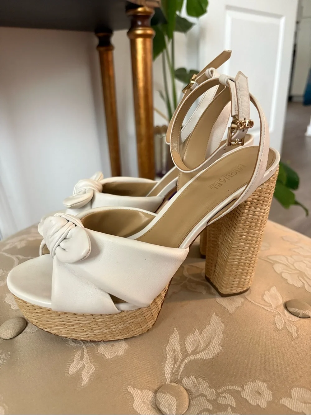 Michael Kors White Knotted Platform Sandals with Woven Block Heel